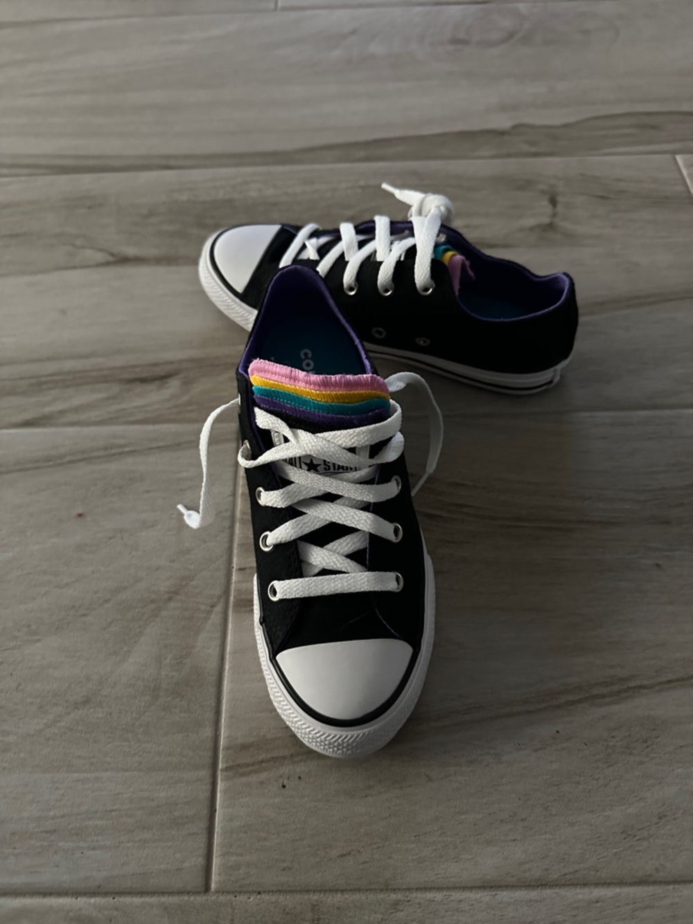 Converse Allstar Kids Black Canvas Low-Top Sneakers with Rainbow Tongue, Size 2